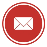 Red circular email icon symbol for contact, communication, and customer support sections