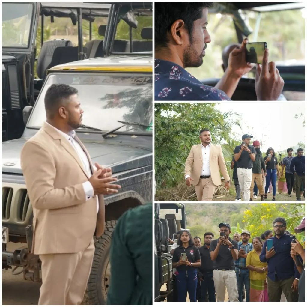 Founder leading a guided agritourism and media tour at the Mathakadara pomegranate plantation