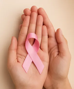 Pink awareness ribbon held in hands representing women’s health support