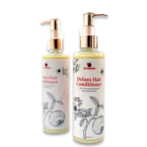 Mathakadara Delum Hair Conditioner bottles with elegant botanical packaging and pump dispenser design