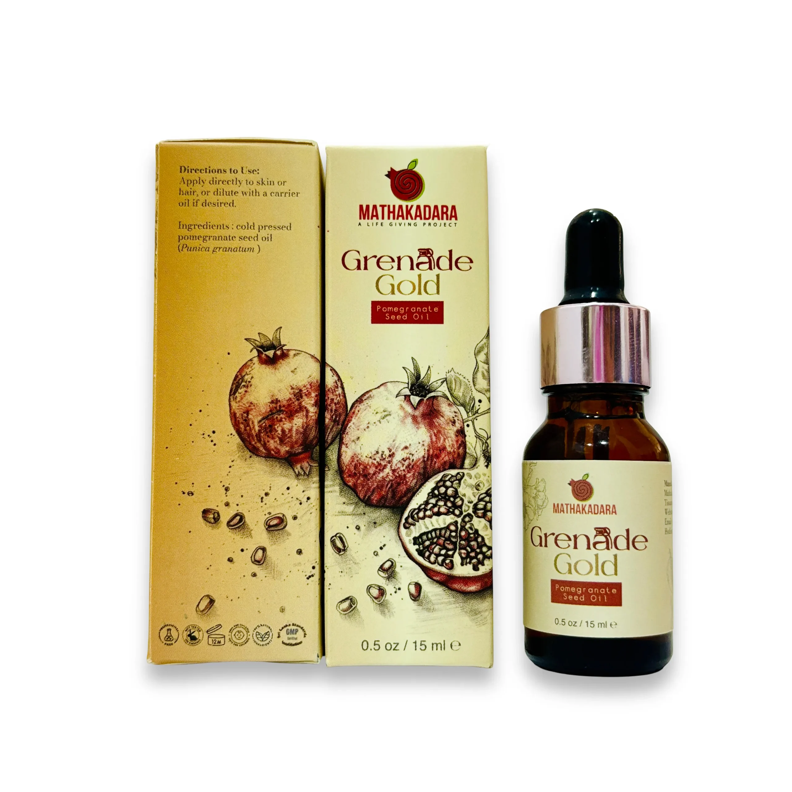 Mathakadara Grenade Gold Pomegranate Seed Oil with luxury dropper bottle and premium skincare packaging featuring pomegranate illustrations