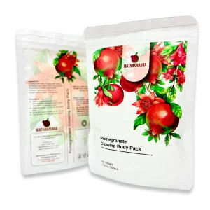 Mathakadara Pomegranate Glowing Body Pack herbal skincare powder in premium resealable cosmetic pouch packaging