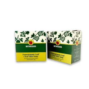 Mathakadara Pomegranate Leaf Clear Skin Soap packaging displayed from front and angled side view on a clean background
