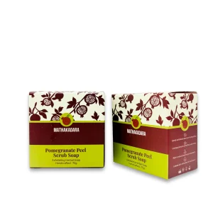 Mathakadara Pomegranate Peel Scrub Soap packaging shown from front and angled side view on a clean background