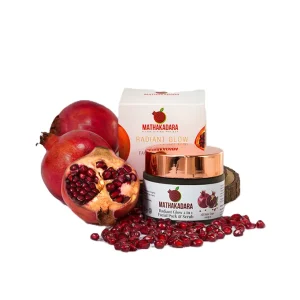 Mathakadara Radiant Glow 2 in 1 Facial Pack and Scrub with fresh pomegranates and pomegranate seeds