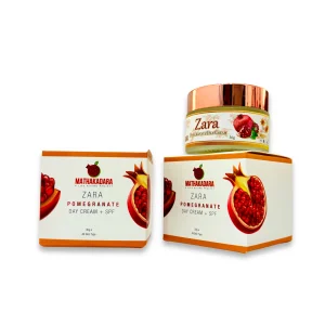 Mathakadara Zara Pomegranate Day Cream with SPF displayed in premium cosmetic jar and branded skincare packaging boxes